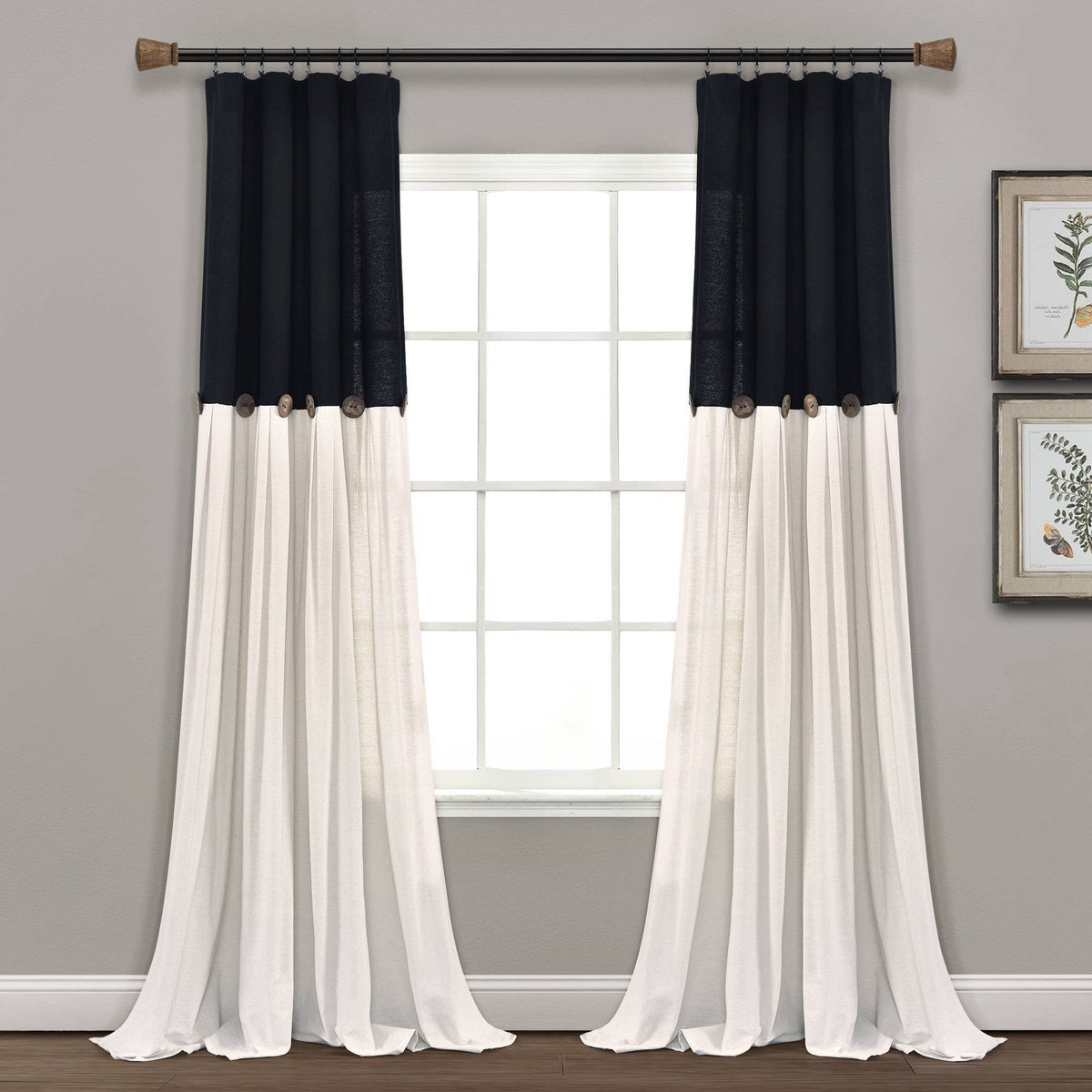 Lush Decor Linen Button Single Panel Window Curtain - 84"L x 40"W - Black & White