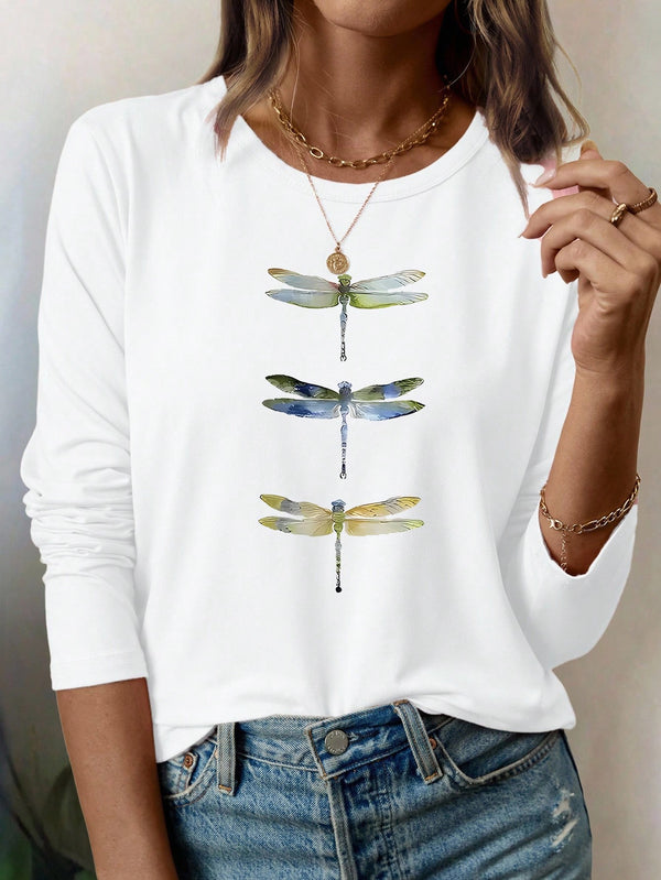 Women Colorful Dragonfly Animal Print Casual Fashion Crew Neck Long Sleeve T-Shirt Fall Cloth For Women