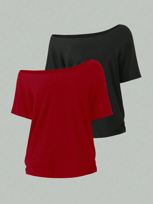 SHEIN Unity 2pcs Women's Loose Asymmetric Neck T-Shirts, Elegant Black And Red Solid Color Oversized Tees