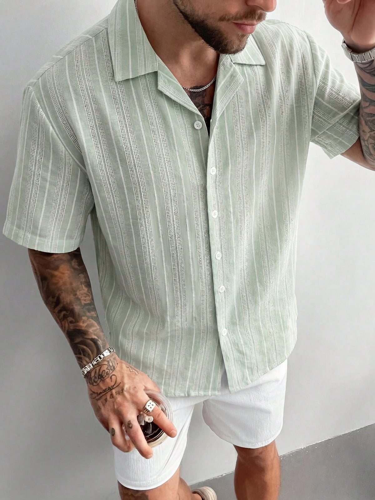 Men's Slim Fit Linen-Like Striped Shirt, Minimalist Stylish Mandarin Collar Top, Fashionable & Refreshing For Summer Wear