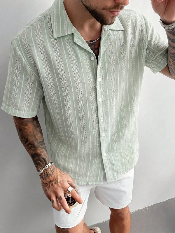 Men's Slim Fit Linen-Like Striped Shirt, Minimalist Stylish Mandarin Collar Top, Fashionable & Refreshing For Summer Wear