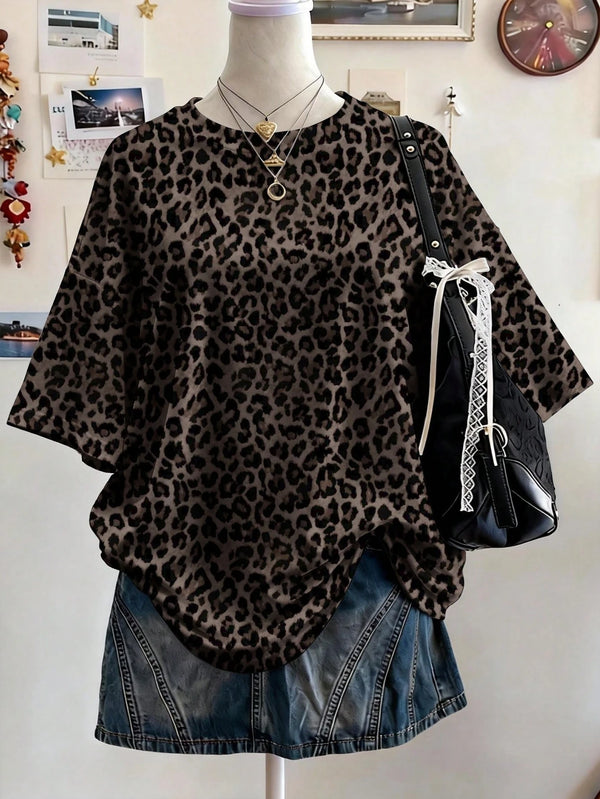 Lalippa Random Plaid Digital Print Casual Oversized Mid-Length Round Neck Drop Shoulder Women T-Shirt, Gift For Friends