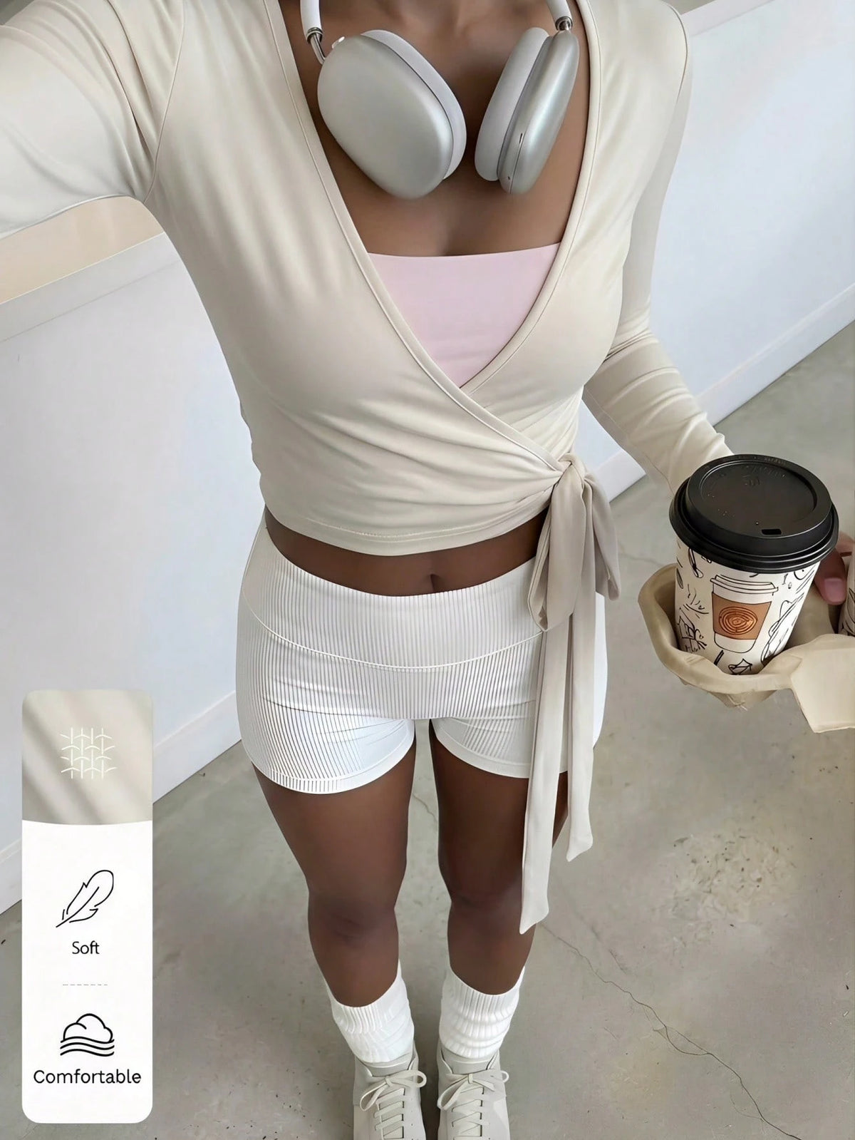 FavEase Women's Light Beige Yoga Sports Wrap Cardigan,Soft & Stretchy V-Neck Long Sleeve Cropped Fitted Tee,Summer Casual Workout Fashionable Minimalist Top