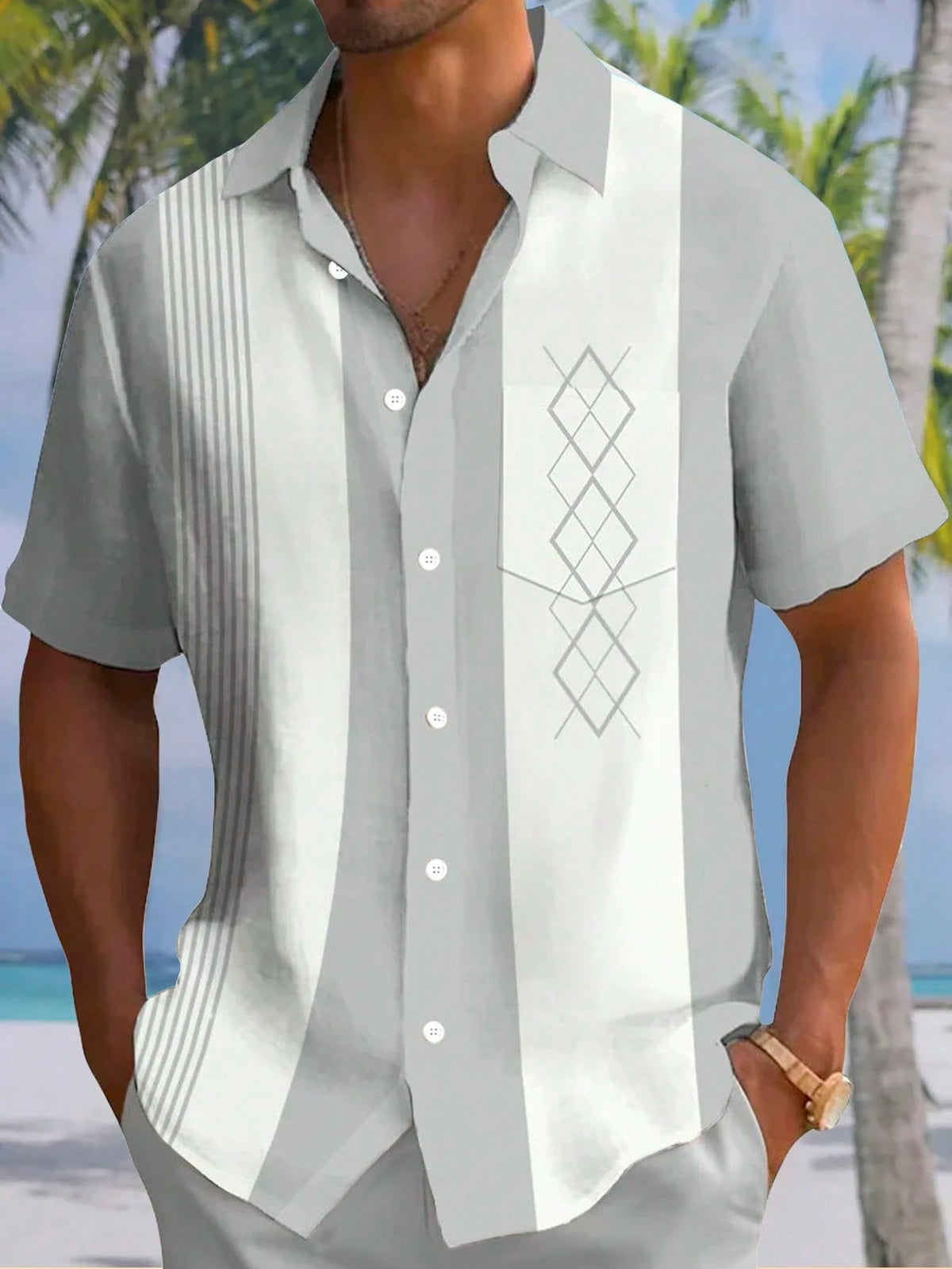 Vintage Geometric Pattern Bowling Shirt With Button Pocket Short Sleeve Shirts For Men