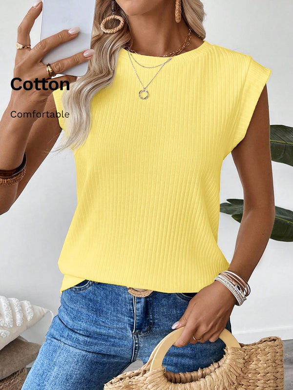 EMERY ROSE Women's Solid Color Round Neck Casual Versatile Daily Wear T-Shirt,Summer Top