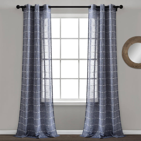 Lush Decor Farmhouse Textured Grommet Sheer Window Curtain Panels Navy 38x84 Set