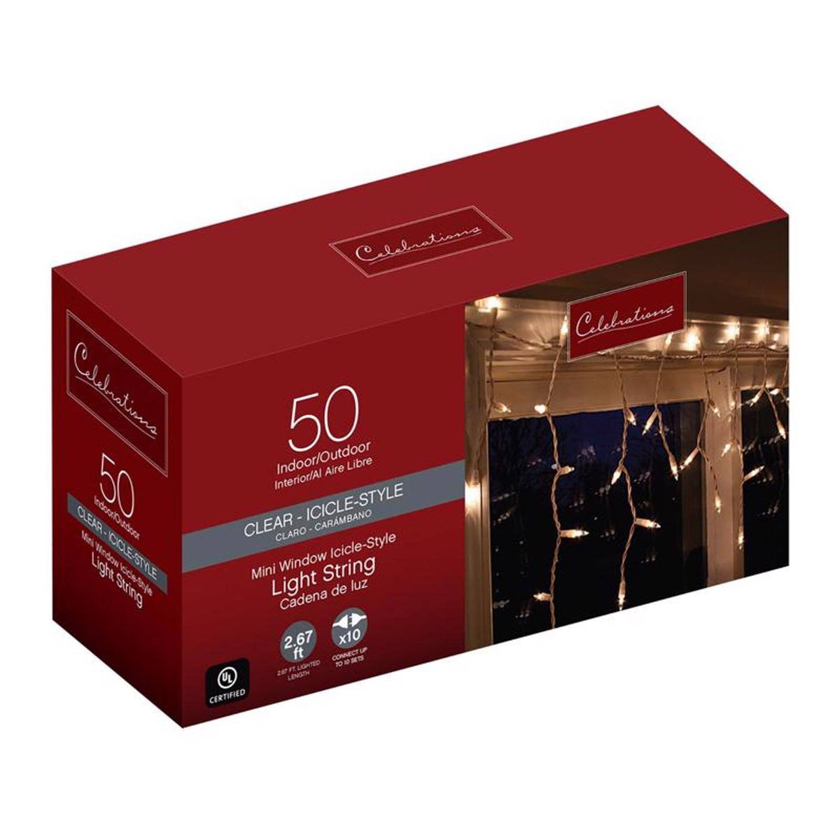 Celebrations Indoor/Outdoor Icicle - Style Window Lights, 50 Bulbs, Clear with White Wire, 3'