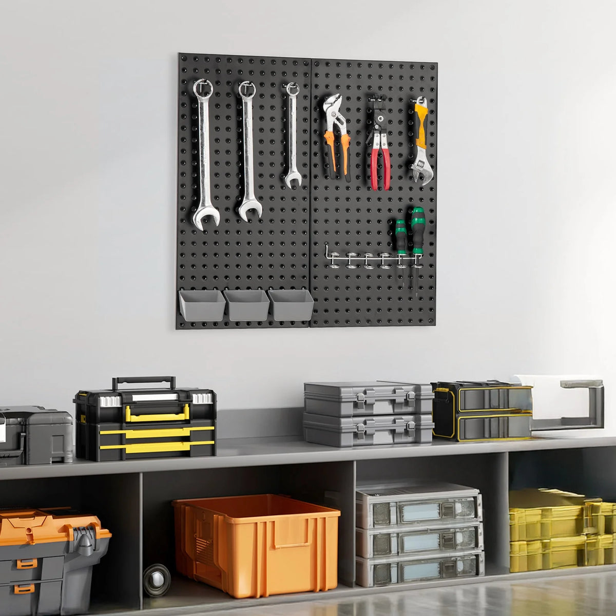 Carbon steel/Polypropylene Socket storage 2 x Metal Pegboard Panels 8 x Yellow Expansion Plugs 8 x M5x 50 Self - tapping Screws